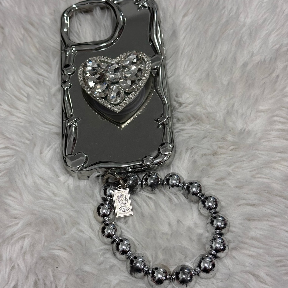 Silver Heart Phone Case with Beaded Strap & Pop Socket IPhone 14 Pro Mโฆ